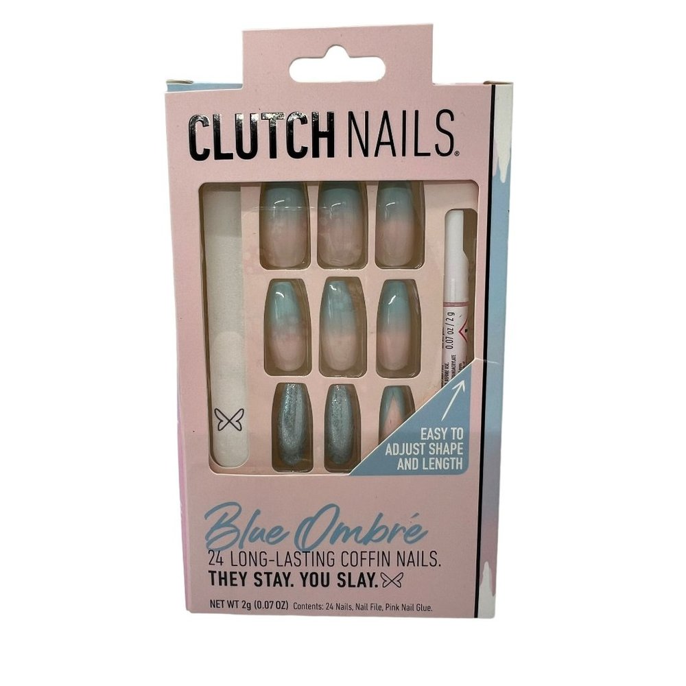 Clutch Nails Blue Ombre Fake Nails 24 Long Lasting Coffin NEW